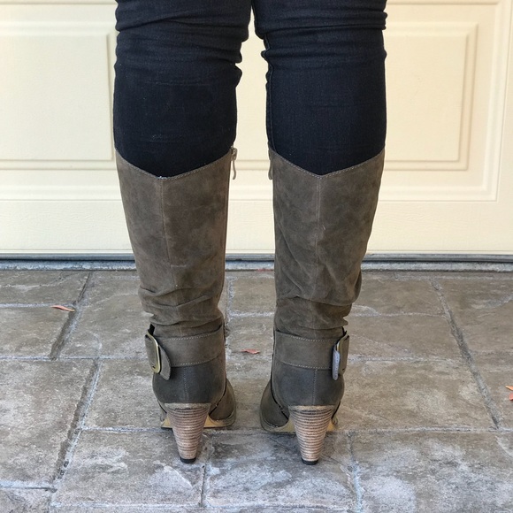 Taupe Block Chunky Heel Buckle Knee-High Boots - Picture 5 of 6